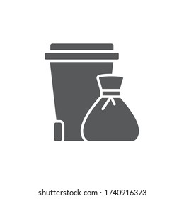 Garbage trash bin and bag vector icon symbol isolated on white background
