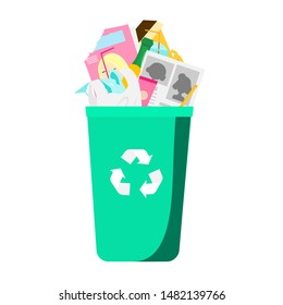 Garbage in trash bin. Household waste. Paper, plastic, glass and other rubbish. Isolated vector clip art.