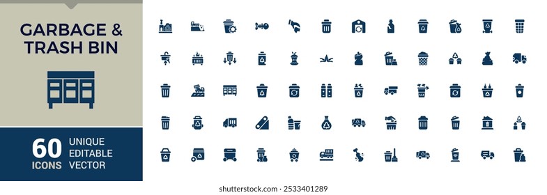 Garbage and trash bin minimal solid icons collection. Containing litter, waste recycling, composting, waste segregation, and garbage truck filled icons. Editable and pixel perfect.