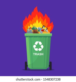 garbage in the trash can burns. waste incineration. flat vector illustration.