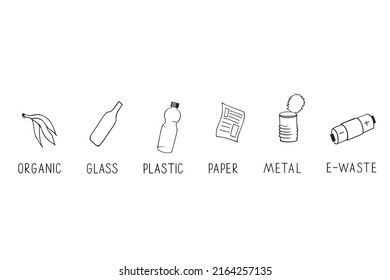 Basura. Icono de dibujo del doodle de la papelera y del cubo de basura conjunto ilustración de la línea de arte.
