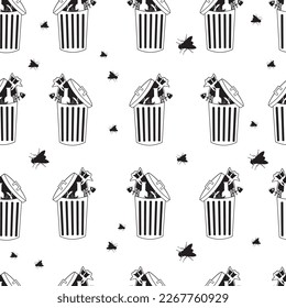 Garbage, trash can, ecology. Vector image.Pattern, dark background. Seamless image