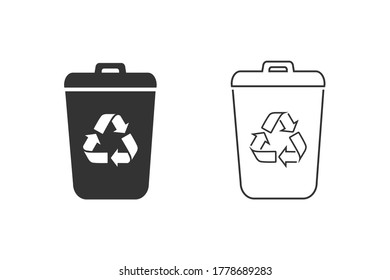 Garbage Trash can Vector Line Icon Set. Eco Bio concept, recycling. Flat design illustration isolated on white background. Black sign for web, website