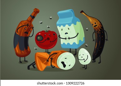 Garbage And Trash Cartoon Character. Spoiled Food Illustration. Landfill Vector Background. Products With Expier Date.