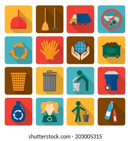 Garbage trash cleaning recycling environmental symbols flat shadowed icons set isolated vector illustration