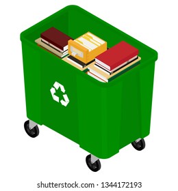 Garbage trash container full of books. Paper recycle concept