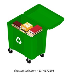 Garbage trash container full of books. Paper recycle concept