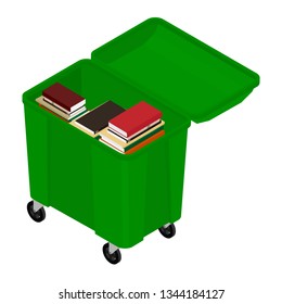Garbage trash container full of books. Paper recycle concept