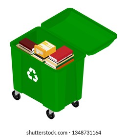 Garbage trash container full of books. Paper recycle concept