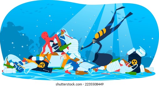 Garbage trash, ecology pollution, ocean plastic dirty background, problem concept, design, in cartoon style vector illustration.