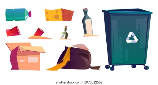 Garbage, trash and litter bin isolated cartoon set. Old plastic cups, glass bottles, creased carton box and sack full of wastes, container with recycling symbol on white background Vector illustration