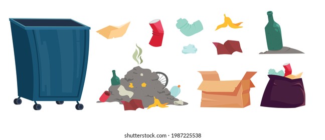 Juego de dibujos animados aislados de basura, basura y basura. Viejas tazas de plástico, botellas de vidrio, caja de cartón y saco llenos de desechos, contenedor con símbolo de reciclado sobre fondo blanco Ilustración vectorial