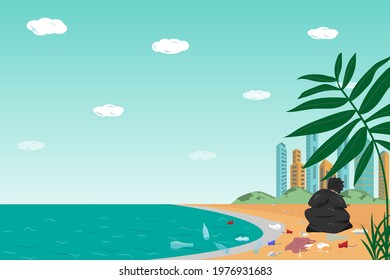 Garbage and trash on the beach, danger. Nature pollution. Vector illustration