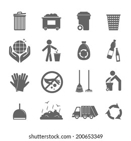 Garbage trash recycling environmental hygienic symbols black icons set isolated vector illustration