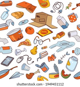 Garbage. Trash. Seamless pattern. Vector illustration. Isolated on white background