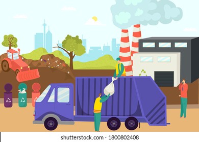 Garbage trash at waste recycle factory, vector illustration. Environment plant technology concept, flat industry for ecology. Reuse rubbish business, recycling process by people worker.