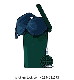 garbage trolley, green, filled with garbage bags, vector illustration, plastic bottles, side view