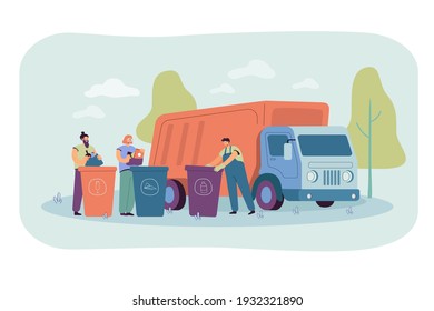 Garbage truck arriving to take disposal containers with waste and refuse. Men sorting rubbish and trash in bins and dumpsters. Vector illustration for recycle, environment concept