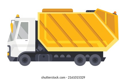 Camión de basura con cargador automático. Recogida y transporte de residuos sólidos domésticos y comerciales. Remoción de basura, vehículo sanitario urbano. Concepto de ecología y reciclaje de basura