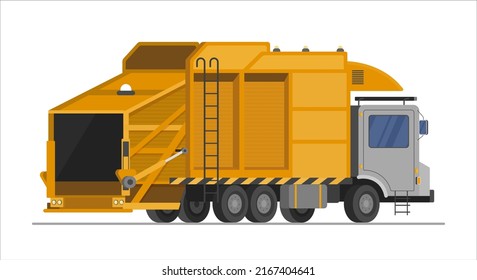 Garbage truck back view, municipal lorry and collector of waste service vector illustration. Cartoon yellow industrial trailer moving rubbish to city landfill isolated.