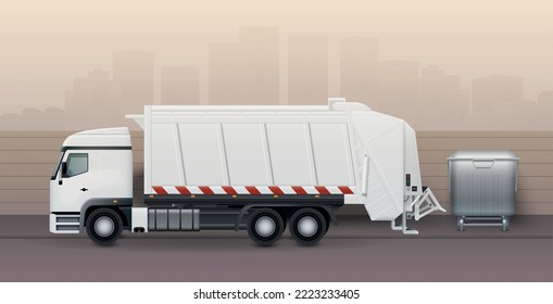 Garbage truck background with municipal vehicles symbols realistic vector illustration