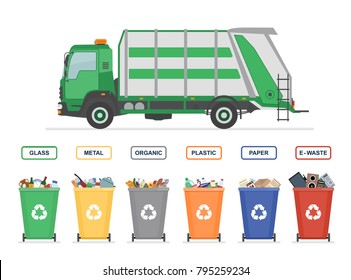 Garbage truck and garbage cans isolated on white background. Sorting garbage. Ecology and recycle concept. Vector illustration.  svg
