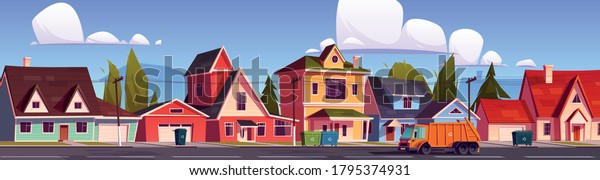 Garbage truck clean waste in city, car trash\
collector riding on suburb street with litter bins stand on\
roadside front of house yards. Rubbish collection municipal service\
Cartoon vector\
illustration