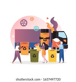 Garbage truck collecting municipal solid waste, people putting household waste into dumpsters special containers, vector illustration. Waste sorting for recycling concept for web banner, website page.