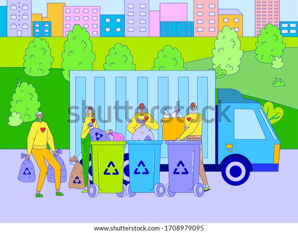 Garbage truck collecting trash in city, people\
sorting waste for recycling, vector illustration. Happy men and\
women cartoon characters, clean environment activist. Urban service\
volunteer social team