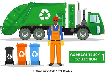 Garbage truck collection. Detailed illustration of garbageman, truck and different types of dumpsters on white background in flat style. Vector illustration.