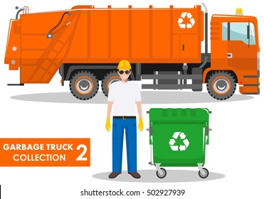 Garbage truck collection. Detailed illustration of garbage man, truck and dumpster on white background in flat style. Vector illustration.