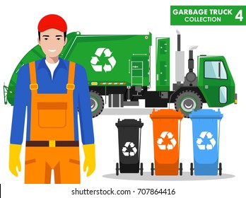 Garbage truck collection. Detailed illustration of garbageman, truck and different types of dumpsters on white background in flat style. Vector illustration.