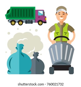 Garbage truck and collector. Flat style colorful Cartoon illustration.