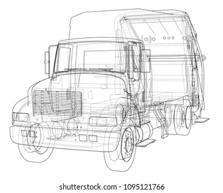 Garbage truck concept. Vector rendering of 3d. Wire-frame style. The layers of visible and invisible lines are separated