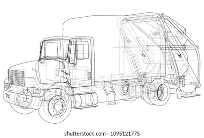 Garbage truck concept. Vector rendering of 3d. Wire-frame style. The layers of visible and invisible lines are separated