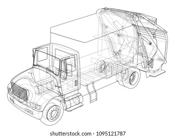Garbage truck concept. Vector rendering of 3d. Wire-frame style. The layers of visible and invisible lines are separated