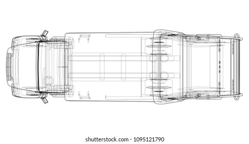 Garbage truck concept. Vector rendering of 3d. Wire-frame style. The layers of visible and invisible lines are separated