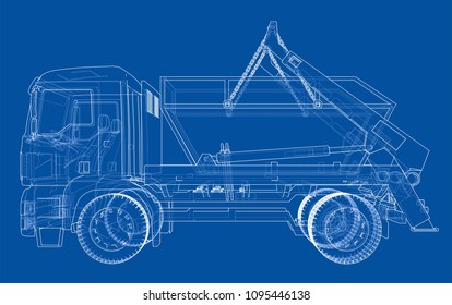 Garbage truck concept. Vector rendering of 3d. Wire-frame style. The layers of visible and invisible lines are separated