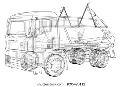 Garbage truck concept. Vector rendering of 3d. Wire-frame style. The layers of visible and invisible lines are separated