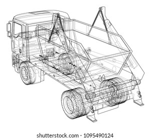 Garbage truck concept. Vector rendering of 3d. Wire-frame style. The layers of visible and invisible lines are separated