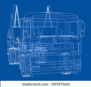 Garbage truck concept. Vector rendering of 3d. Wire-frame style. The layers of visible and invisible lines are separated