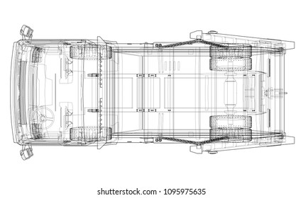 Garbage truck concept. Vector rendering of 3d. Wire-frame style. The layers of visible and invisible lines are separated