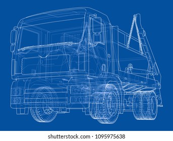 Garbage truck concept. Vector rendering of 3d. Wire-frame style. The layers of visible and invisible lines are separated