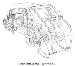 Garbage truck concept. Vector rendering of 3d. Wire-frame style. The layers of visible and invisible lines are separated
