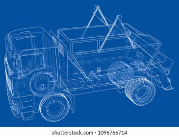 Garbage truck concept. Vector rendering of 3d. Wire-frame style. The layers of visible and invisible lines are separated