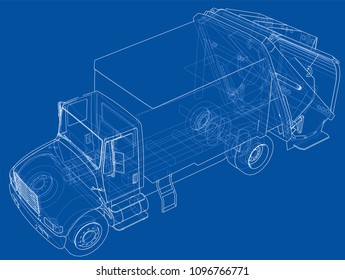 Garbage truck concept. Vector rendering of 3d. Wire-frame style. The layers of visible and invisible lines are separated