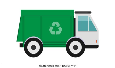 Garbage truck. Cool urban sanitary vehicle garbage front loader truck. Solid waste collection and transportation. Green garbage truck. Garbage recycling and utilization equipment. Flat vector.