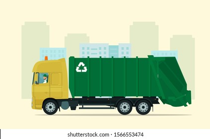 Garbage truck with driver on abstract cityscape background. Vector flat style illustration.