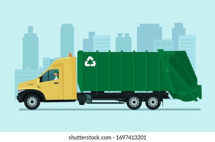 Garbage Truck With Driver On Abstract Cityscape Background. Vector Flat Style Illustration.