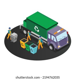 Garbage truck driver with recycle bins isometric 3d vector illustration concept for banner, website, illustration, landing page, flyer, etc.